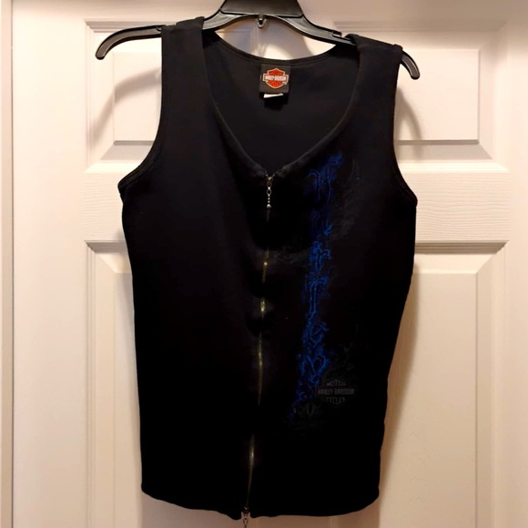 Harley-Davidson Black Zip-Up Vest Blue Decal Cotton Bike Week Shirt Size XL - Picture 1 of 7